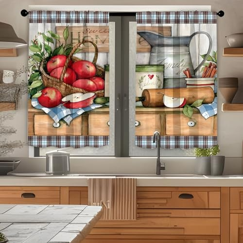 Highdi 2 Pezzi 3D Motivi Tende Cucina con Sacchetto, Tendine Cucina Tendina Sottolavello, Tende per Finestre Piccole per Soggiorno, Casa in Stile Rustico (Mela,W80xL100cm)