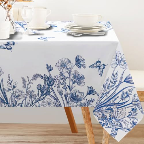 INFUNLY Blue Floral Tablecloth Vintage Rectangle Table Cover 60x90 Inch Blue White Porcelain Tablecloth Waterproof Spring Flower Table Decor Farmhouse Style for Kitchen Wedding Outdoor Indoor Picnic