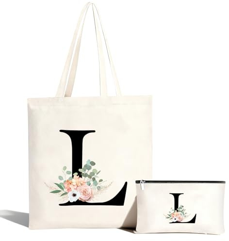 Baumwolltasche personalisiert mit Namen Einkaufstasche mit Buchstaben ,Tragetasche und Kosmetiktasche , Canvas Einkaufstasche mit Reißverschluss,Geschenk für Dame Freundin Mama zum Geburtstag (M) ﻿