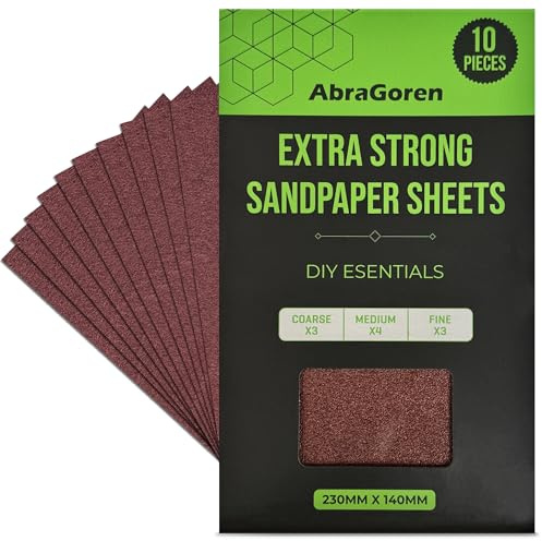 Lot de 10 feuilles de papier de verre - Grain mixte, 3 fins, 4 moyens, 3 épais - Papier abrasif assorti pour bois et murs (Extra Fort)