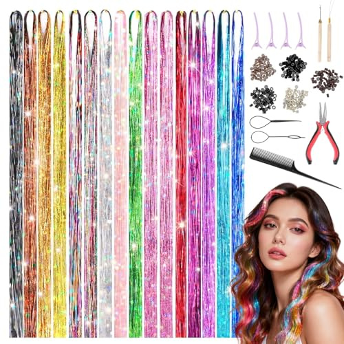 Axlyca 16 Farben Hair Tinsel, 3800 Glitzer Haarsträhnen zum Flechten Haar Lametta, 120 cm Tinsel Hair mit Werkzeugen, Bunte Glitzer Strähnen Haare Set für Frauen Mädchen Kinder Party Cosplay