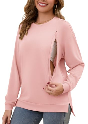 Women Nursing Sweatshirt for Breastfeeding Hidden Zippers Nursing Tops Long Sleeve Comfortable Maternity Sweater Dirty Pink