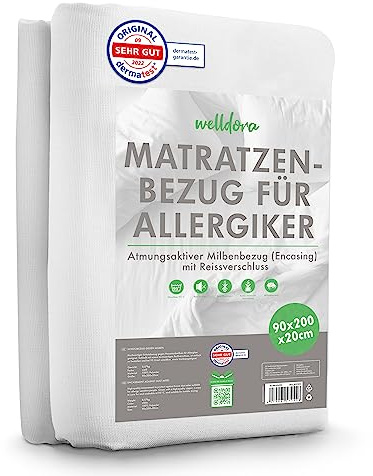 Welldora | Housse de Matelas Anti Acarien de Première Qualité | Protège Matelas Anti Allergies Testé| Housse avec Fermeture Éclair | Linge de Lit pour Personnes Allergiques (90x200x20cm)