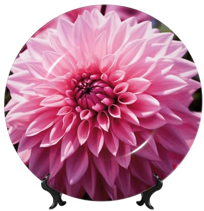 Bone China Decorative Plate 10in Ceramic Dinner Plates with Display Stand Floral Dahlia Flower Decorative Plates Ceramic Ornaments Wall Art Crafts Hanging Porcelain Plate for Home Office Wall Decor