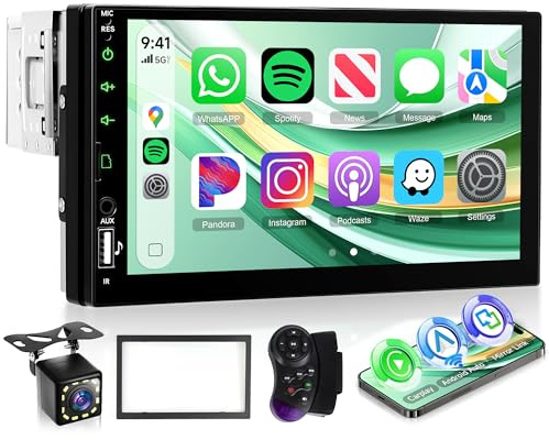 Rimoody Autoradio 1 Din mit Wireless Carplay Android Auto IOS/Android Mirror Link Bluetooth 5.2, 7 Zoll Touchscreen Autoradio Single Din mit FM Radio USB/EQ/AUX Lenkradsteuerung Rückfahrkamera