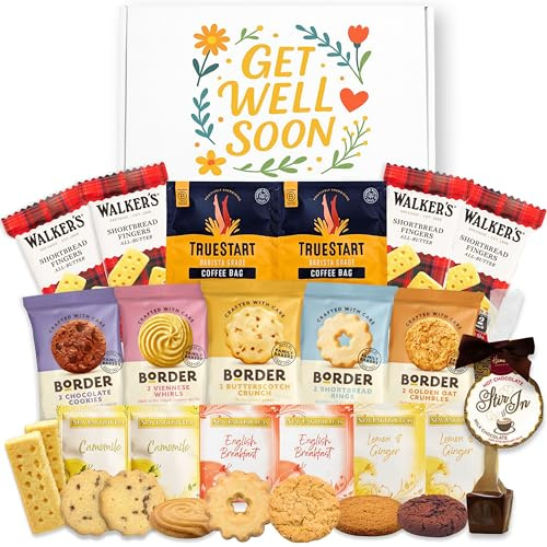 Get Well Soon Hamper Bundle With Herbal Teas x4, TrueStart Coffee Bags x2, English Breakfast Tea x2, Individually Wrapped Border Biscuits x5, Hot Chocolate Stirrer and Walkers Shortbread x4