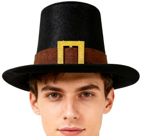 Thanksgiving kostymhatt - 25 x 15 x 3 cm ull pilgrim topphatt | klassisk svart retro tillbehör med guldspänne för kalkonens dag familjefester skolspel festivaler party cosplay