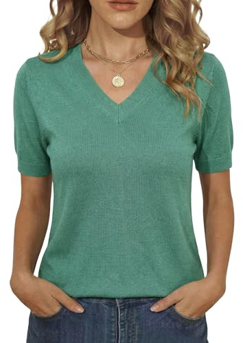 Totatuit Pull Femme Manches Courtes Col V Top Tricoté Élégant Coupe Cintrée Haut Mode Printemps Style Chic Quotidien Vert，XXL