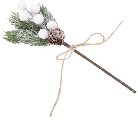 Picysa 10 ramas de pino de Norfolk artificiales nevadas de Navidad, tallo de acebo artificial, bayas rojas, falso follaje, agujas de pino para Navidad, boda, guirnalda artesanal, decoración