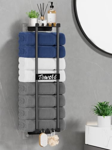 HapiRm Towel Rack Wall Mounted - 6 Hooks with Top Shelf,No Drilling