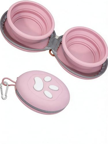 Cuencos plegables para perros, cuenco de silicona 2 en 1 para comida y agua con mosquetón, plato portátil de doble compartimento para viajes, camping, senderismo, cachorros esenciales