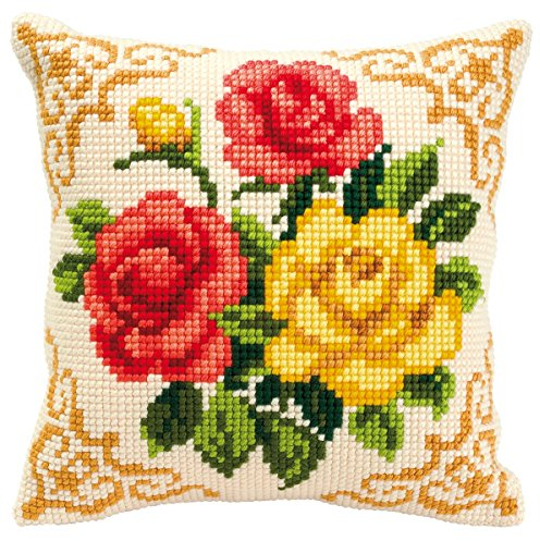 Vervaco Kreuzstich Stickpackungen Kissen Stickerei Set Anfänger Vorgedruckt Blumen DIY Set Kreativ Set Für Erwachsene Dekoratives Kissen ca. 40 x 40 cm Bastelset Handwerker Haus Dekoration