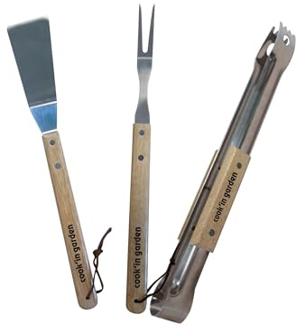 Cook’in Garden - Set 3 Ustensiles Barbecue et Plancha, Spatule + Pince + Fourchette en INOX, Manche Bois FSC® 100%, Accessoires Résistants à la Chaleur, Idéal Cuisine Extérieure Jardin Terrasse