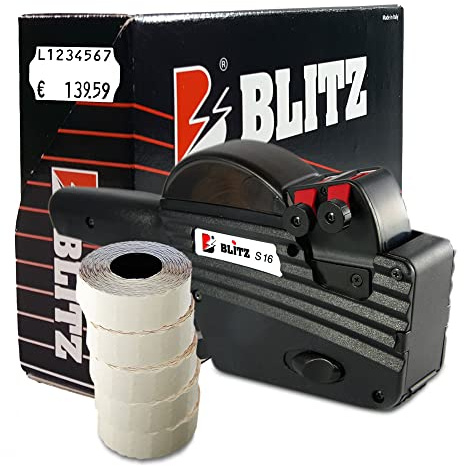 Preisauszeichner Set Blitz S16 inkl. 5 Rollen 26x16 Preisetiketten - weiss ablösbar | MHD Datumsauszeichner | HUTNER