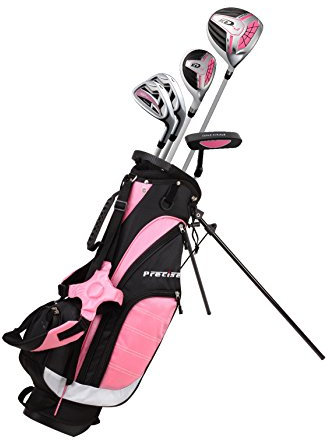 Precise XD-J Junior Complete Kids Golf Clubs Set - Boys & Girls Left Handed Golf Clubs for Kids w/Driver, Hybrid, Irons, Putter, Stand Bag & Headcovers - Youth Golfing Club Set for Ages 9-12 - Pink