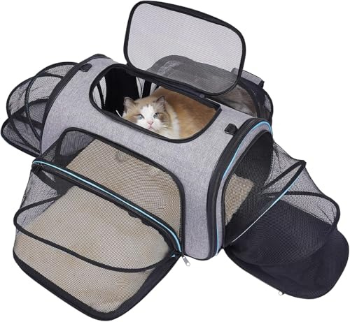 Siivton Kattbärare – flygbolagsgodkänd reseväska: 4-sidig expanderbar husdjursväska kaninbur – bärbar hopfällbar med mjuk fleece-säng för katt valp kattunge kanin husdjur 48 x 28 x 28 cm