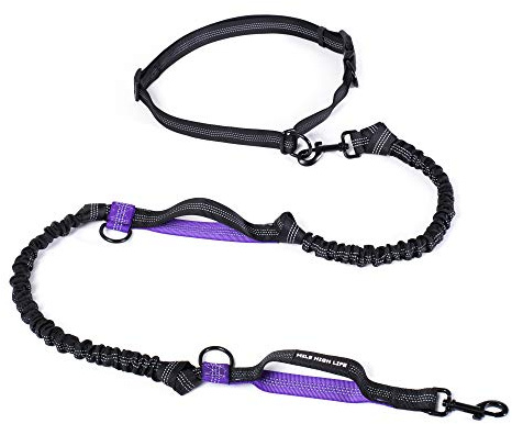 Mile High Life handsfree koppel, midjekoppel för hundlöpning träning och jogging, justerbart bälte med dubbelt vadderat handtag, reflekterande bungee för medelstora hundar (midjelöpare, lila, 18 m)