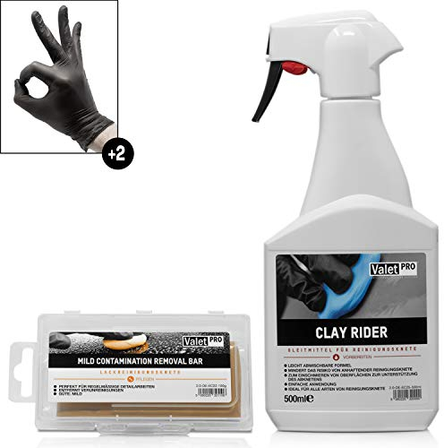 detailmate ValetPRO - Set di lubrificanti per la pulizia delicata della vernice auto Clay Rider flacone spray 500 ml lubrificante + plastilina detergente arancione mild Clay 100 g + guanti protettivi