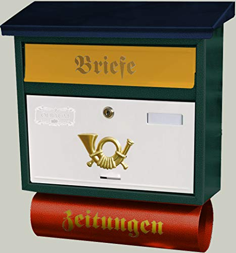 Stylischer Vintage-Design Briefkasten, Motiv in vielen Farben weiss grün schwarz blau gelb rot grau violett pink metallic, komplett mit Zeitungsrolle, wetterfest lackiert, Flachdach mit