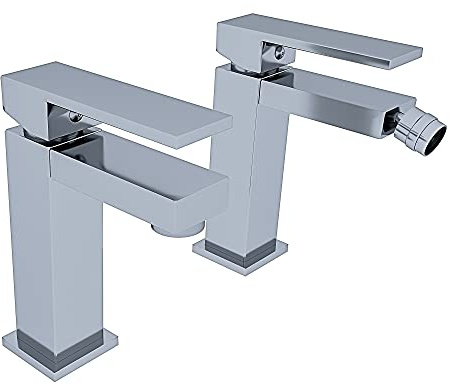 Set Rubinetteria Bagno Completa Rubinetto Bagno Miscelatore Monocomando In Ottone Cromato Design Moderno Quadrato (Set Lavabo + Bidet)