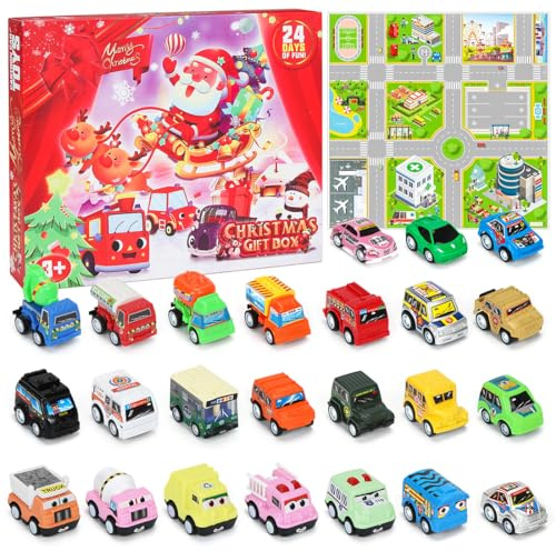 Calendrier de Ll'Avent Voiture, Calendrier de L'avent Voiture Majorette, 24 pièces jeu de Voiture de Noël, Cadeau Noël Coffret Surprise Jouet Compte à Rebours Cadeaux pour Garçon 2026