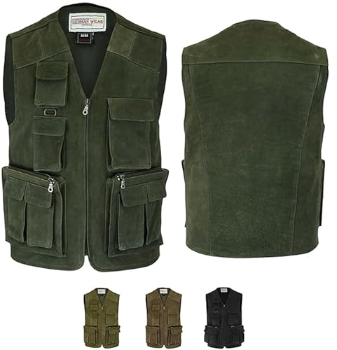 German Wear Herren Jagd Lederweste Jagdweste aus Nubuckleder - Freizeit 9-Taschen Angelweste - Outdoor Camping Multi-Taschen Angler Weste - Multifunktionsweste Tarnweste Dunkelgrün - 54