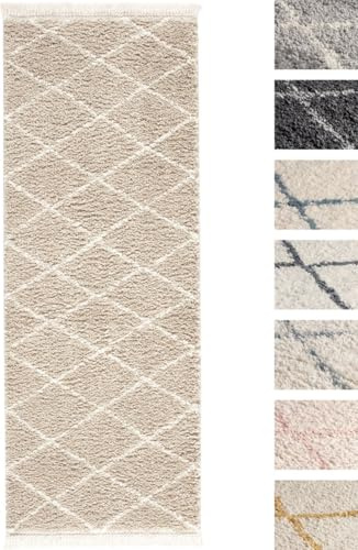 TESSO LIVING Hochflor Teppich - Beige - 80 x 300 cm - Diamantmuster Shaggy Teppich Mit Fransen – Besonders Weich