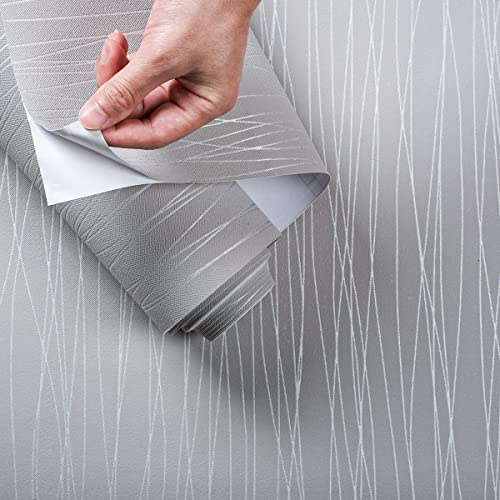 Kmiles Peel and Stick Wallpaper 20.8 x 393, Removable Self Adhesive Non-Woven Textured Wall Covering, 3D Embossed Stripe Modern Design for Accent Wall, Living Room, Bedroom, Kitchen, Silver Grey