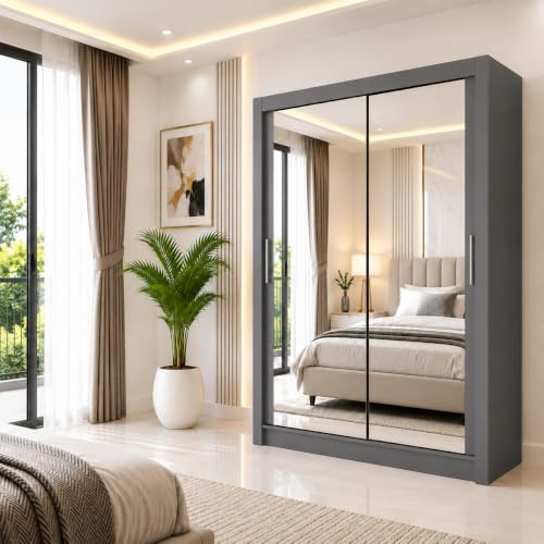 IE INTERIOR EMPORIUM Milan Full Mirror Double Sliding Door Wardrobe (or three in the 250cm size) With Shelves, Hanging Rails and LED Light in 6 Sizes & 4 Colors (150cm, Gray)