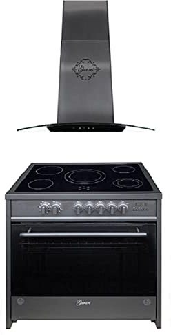 GURARI spis set elektrisk spis, GCH E 912 BL+GCH T 465 IS 90 BL PRIME, ugnsset 90 cm, rostfritt stål, range coocker, 121 l köksfläkt, takhuva 120 cm 1000 m3/h, svart glasskärm, rostfritt stål