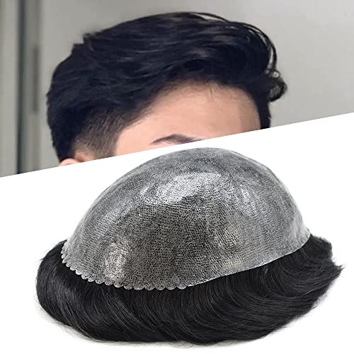 Toupee for Men Hair Replcement System Mens Toupee Full Poly Thin Skin Human Hair Piece All PU Injection Toupee Hair Systems (8X10, JET BLACK 1#)
