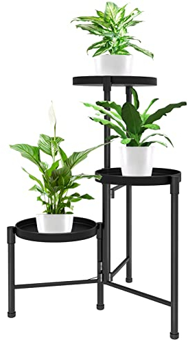 JOENCOST 3 Stufen Metall Blumenregal Pflanzenregal Pflanzenständer, Mehreren Blumentopfhaltern mit Rund Blumentreppe, Dekorativer Pflanzentreppe Standregal für Innen Außen Garten Balkon(Schwarz)