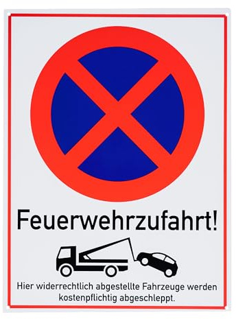 Hinweisschild Feuerwehrzufahrt!, 1 Stück, 40 x 30 cm, 2,7 mm starkes PVC Schild mit Bohrlöchern, Einfahrt- und Ausfahrt Schild für Innen- und Außenbereich, Halteverbot Warnschild, Parken verboten