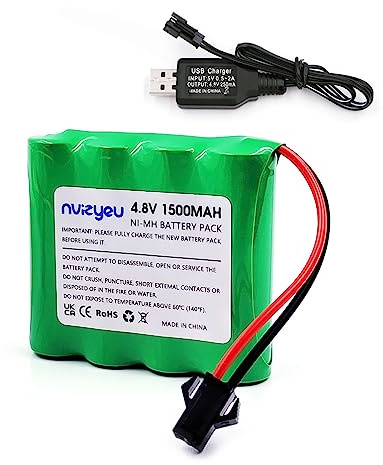 Nvizyeu 4,8 v batteri, 1 500 mAh Nimh-batteripaket, AA-uppladdningsbart batteri, SM 2p Plug, för bil med fjärrkontroll, bil, elektrisk leksak, med USB-laddningskabel