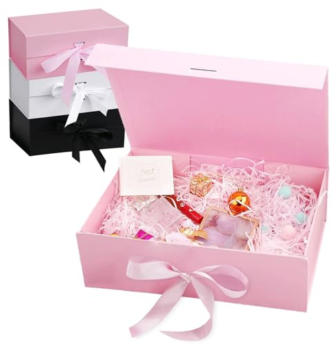 Geschenkbox Geburtstag mit Deckel Schleife, 21x17 x7 cm Magnetische Geschenkboxen, Geschenk Box Geschenk Verpackungsbox Geschenkbox für Geburtstag Hochzeit Feiertag (Rosa)
