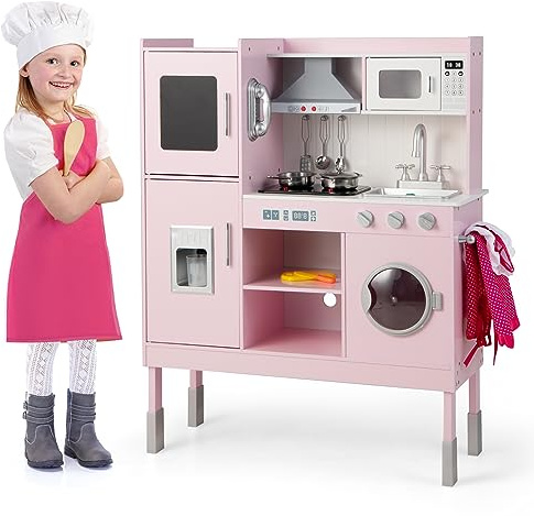 COSTWAY Cuisine Enfants Rose avec 16 Accessoires & 3 Hauteur Réglable, Jeu de Cuisine avec Sons et Lumières, Machine à Glaçons & Téléphone, Jouet d'Imitation pour Tout-Petits de 3 Ans+