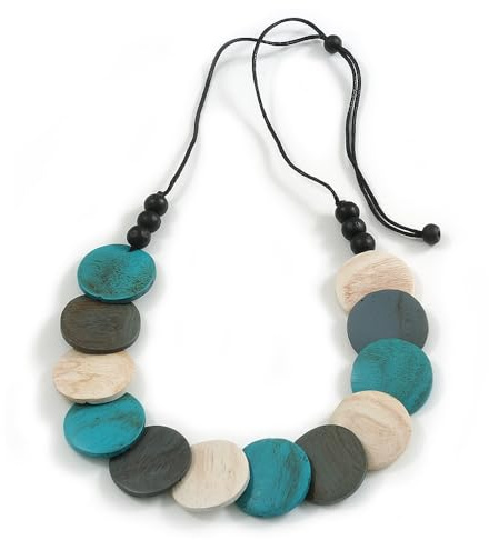 Avalaya Collana in corda di cotone nero con perline a forma di moneta in legno turchese/grigio/bianco, lunghezza massima 100 cm, regolabile, Misura unica, Legno Cordoncini legno
