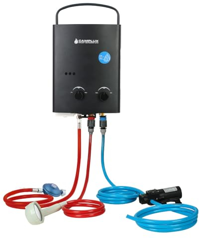 CAMPLUX AY132BP43-DE 5 Litri Scaldabagno A Gas Istantaneo con Pompa Dell'acqua da 4,3 LPM, Scaldacqua a Gas Tankless con Manico Portatile, per Campeggio/Viaggio in RV/Lavaggio Cavalli, Nero, 50mbar