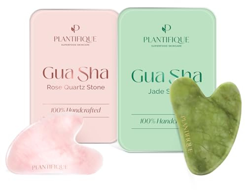 PLANTIFIQUE Jade Gua Sha Stein für Gesichtsmassage & Rosenquarz Gua Sha Stein - Guasha Gesichtsmassage für Augenschwellungen, Hautstraffung, Lymphdrainage Gesicht