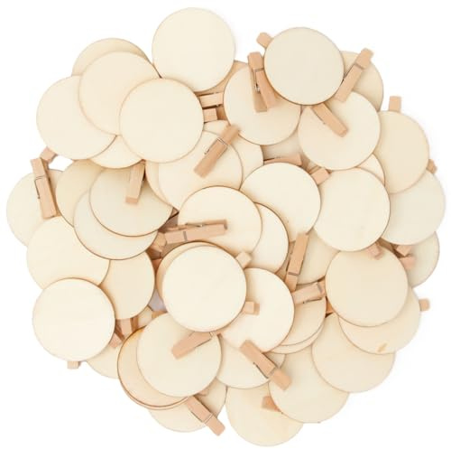UTMACH 50 Stücke Holzklammern Natur mit Runder Scheibe für Fotos Briefen | Holzklammern mit DIY Chic Holz Rund 4.8cm， Holz Klammern Bastelklammern Dekoklammern， Mini Holzklammern für Postkarten