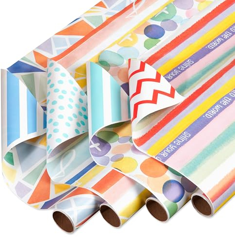 American Greetings 160 m². Wendbares religiöses Geschenkpapier-Set für Erstkommunion, Taufe und Hochzeit, entworfen von Kathy Davis, Kreuz-Punkte, Buntglas und Zick-Zack-Streifen (4 Rollen, 76,2 cm x