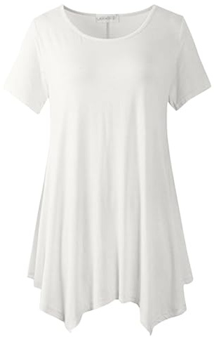 crazy bean Tee Shirt à Manches Courtes pour Femme Col Rond Ete Tunique Longue Grande Taille Vêtements Chic et Elegant Blouse Oversize Détente Classique Ourlet élastique,Blanc,L