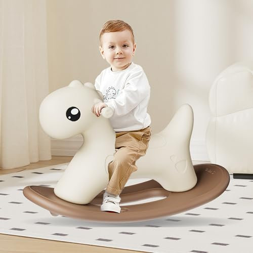 hoopyosms Kinder-Schaukelpferd, Rutschfahrzeug für Kleinkinder mit Griff, Montessori-Babywippe zur Gleichgewichtsschulung, Schaukelspielzeug, Khaki