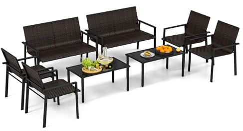 GYMAX Gartenmöbel Set aus Rattan, 4-teilige Terrassengarnitur Sitzgruppe inkl. 2 Stühlen, 1 Sofa & 1 Kaffeetisch, Terrassenmöbel Set, Balkonmöbel Set für Balkon, Pool & Garten (Braun)