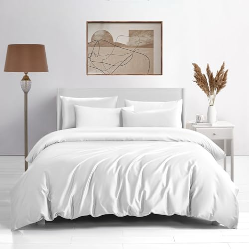 FIREYA Premium Bettwäsche 220x240-100% Baumwolle Satin - ÖKO-Tex Zertifiziert - Bettbezug-Set Decke Kissen Bezug Cover Bett Kissenbezug Deckenbezug Bedding Duvet Weich Einfarbig Weiß