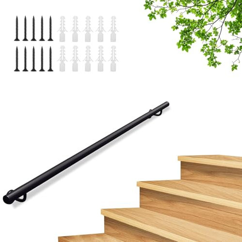 Corrimano a muro Ringhiera per scale lunghe 30 cm-600 cm Ringhiera in metallo nero in ferro battuto Corrimano in tubo tondo zincato, Asta di supporto per corridoio fissata al muro | Balaustra per scal