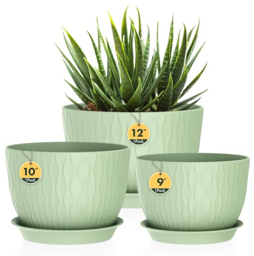 3 Pack Plastic Plant Pots,30/25/23CM,Large Plant Pots Indoor Flower Pots with Drainage Holes Saucer and Reservoir for All House Plants(Light Green)