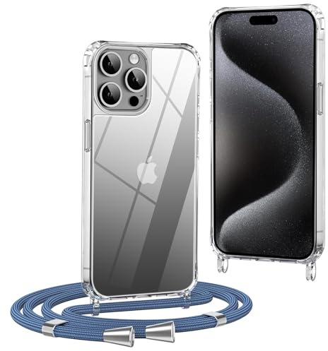 OLEPHY Crossbody Lanyard Case for iPhone 14 Pro with Strap, Blue | Phone Cover with Adjustable and Removable Neck Strap, Soft Transparent Shockproof Protective Case