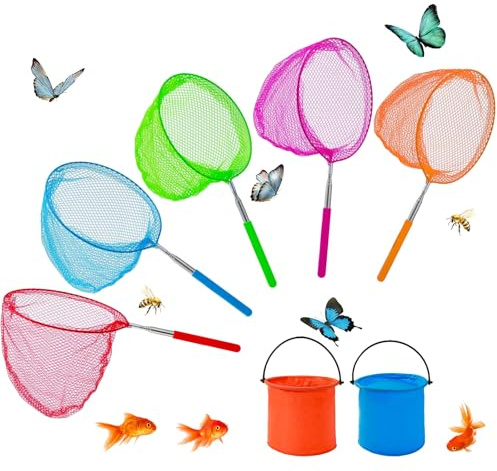 Kids Fishing Net 5 Pcs Telescopic Butterfly Net with 2 Foldable Bucket Crabbing Net Fishing Nets for Ponds Garden Children Outdoor Activities