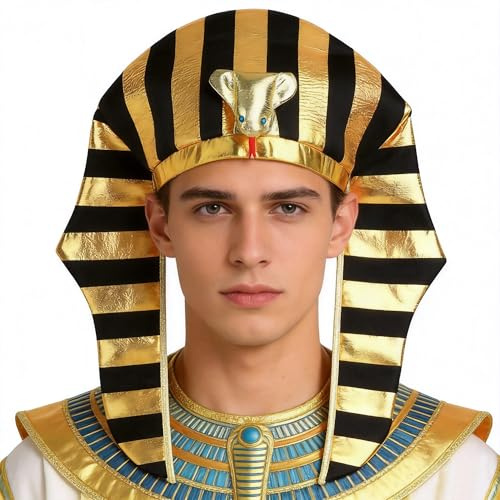 JIAHG Goldener Pharaonenhut mit Schlange Ägyptische Kopfbedeckung Tutanchamun Karneval Kostüm Accessoire für Erwachsene, Cosplay & Themenparty